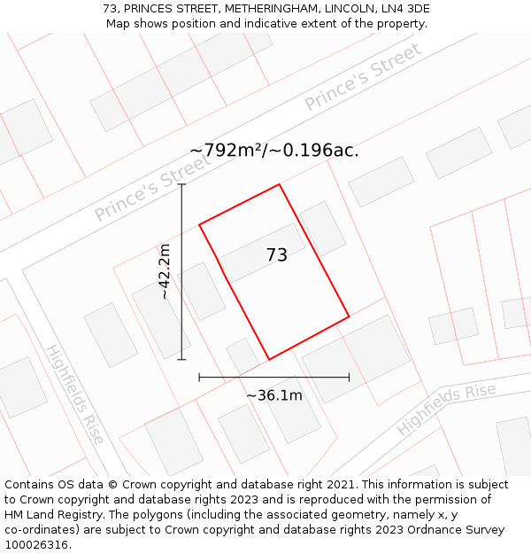73, PRINCES STREET, METHERINGHAM, LINCOLN, LN4 3DE: Plot and title map