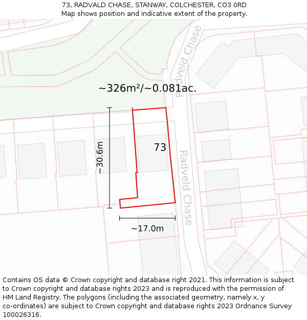 73, RADVALD CHASE, STANWAY, COLCHESTER, CO3 0RD: Plot and title map