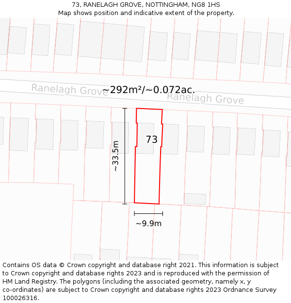 73, RANELAGH GROVE, NOTTINGHAM, NG8 1HS: Plot and title map