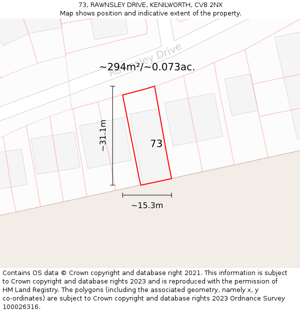 73, RAWNSLEY DRIVE, KENILWORTH, CV8 2NX: Plot and title map
