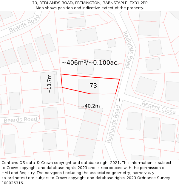 73, REDLANDS ROAD, FREMINGTON, BARNSTAPLE, EX31 2PP: Plot and title map