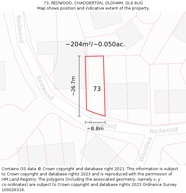 73, REDWOOD, CHADDERTON, OLDHAM, OL9 9UG: Plot and title map
