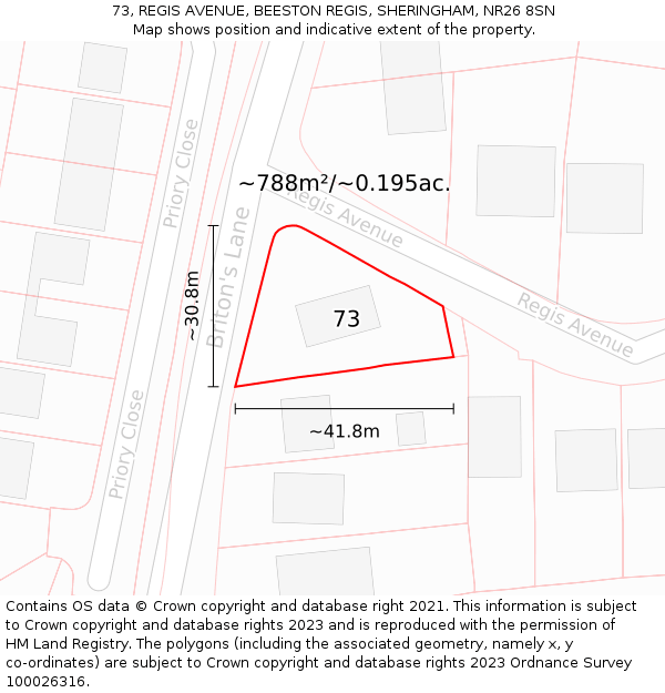 73, REGIS AVENUE, BEESTON REGIS, SHERINGHAM, NR26 8SN: Plot and title map