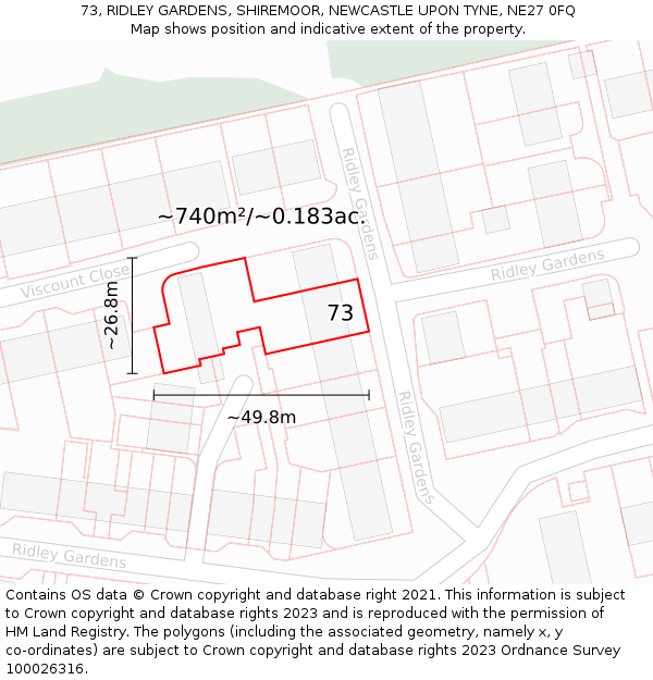 73, RIDLEY GARDENS, SHIREMOOR, NEWCASTLE UPON TYNE, NE27 0FQ: Plot and title map