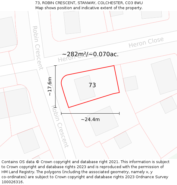 73, ROBIN CRESCENT, STANWAY, COLCHESTER, CO3 8WU: Plot and title map