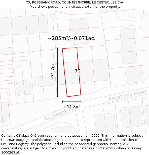 73, ROSEBANK ROAD, COUNTESTHORPE, LEICESTER, LE8 5YA: Plot and title map