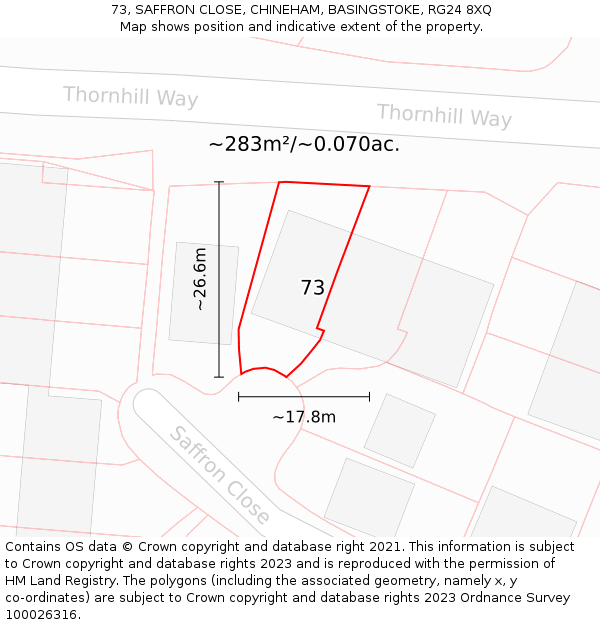 73, SAFFRON CLOSE, CHINEHAM, BASINGSTOKE, RG24 8XQ: Plot and title map