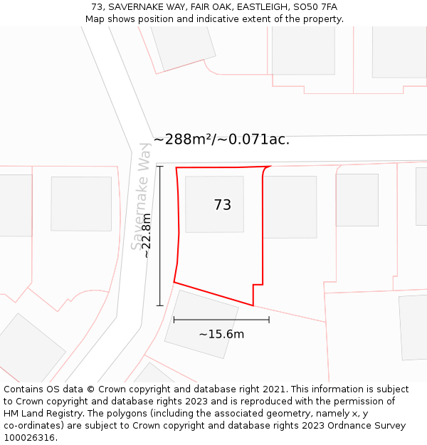 73, SAVERNAKE WAY, FAIR OAK, EASTLEIGH, SO50 7FA: Plot and title map