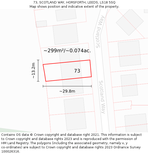 73, SCOTLAND WAY, HORSFORTH, LEEDS, LS18 5SQ: Plot and title map