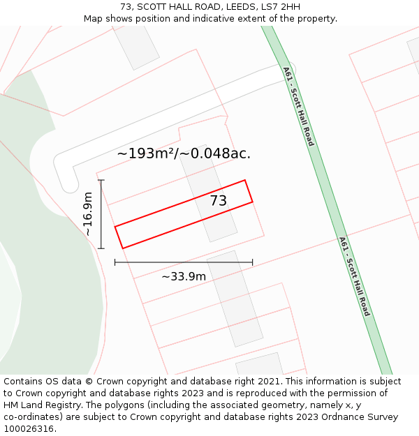 73, SCOTT HALL ROAD, LEEDS, LS7 2HH: Plot and title map