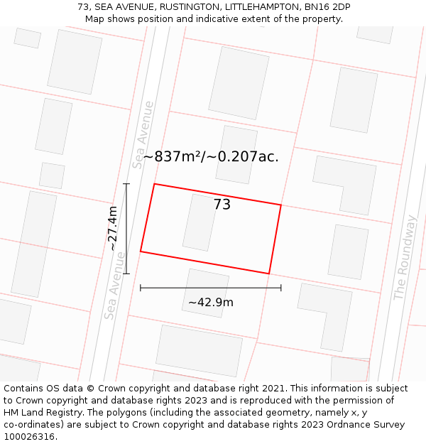 73, SEA AVENUE, RUSTINGTON, LITTLEHAMPTON, BN16 2DP: Plot and title map