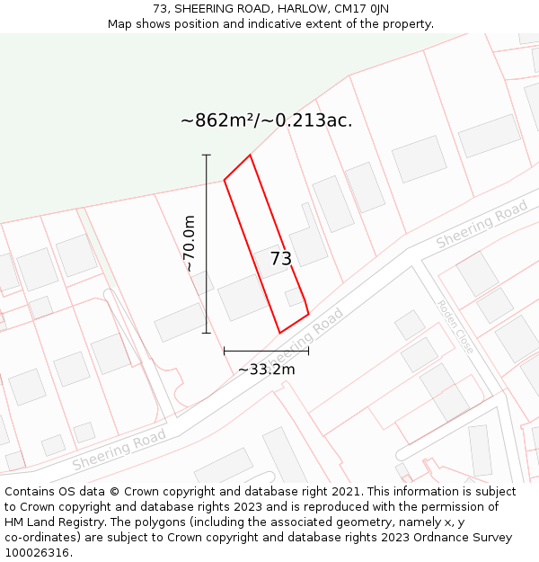 73, SHEERING ROAD, HARLOW, CM17 0JN: Plot and title map