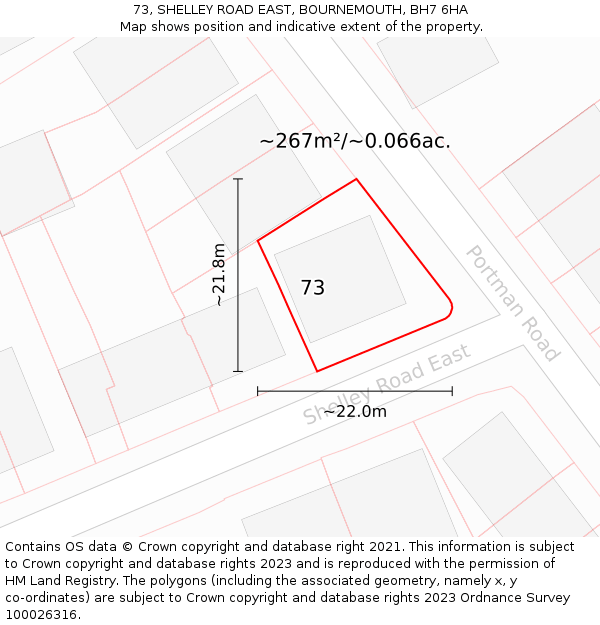 73, SHELLEY ROAD EAST, BOURNEMOUTH, BH7 6HA: Plot and title map