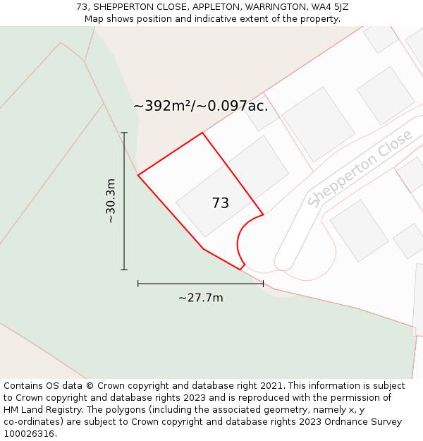 73, SHEPPERTON CLOSE, APPLETON, WARRINGTON, WA4 5JZ: Plot and title map