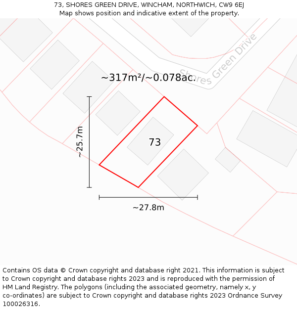 73, SHORES GREEN DRIVE, WINCHAM, NORTHWICH, CW9 6EJ: Plot and title map