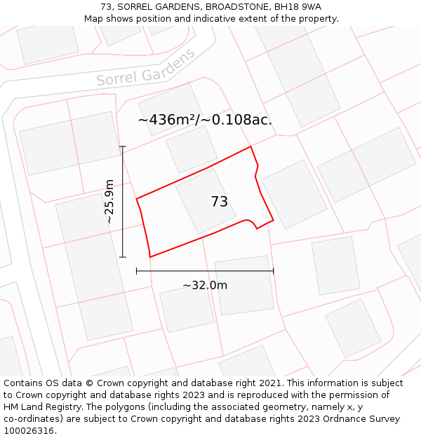73, SORREL GARDENS, BROADSTONE, BH18 9WA: Plot and title map