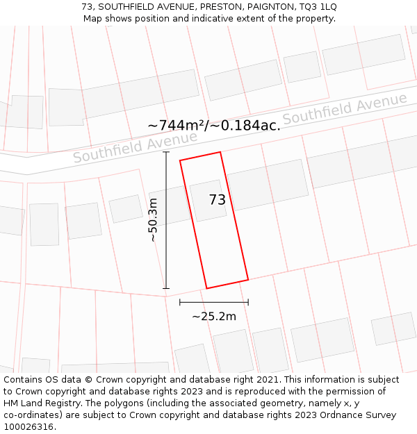 73, SOUTHFIELD AVENUE, PRESTON, PAIGNTON, TQ3 1LQ: Plot and title map