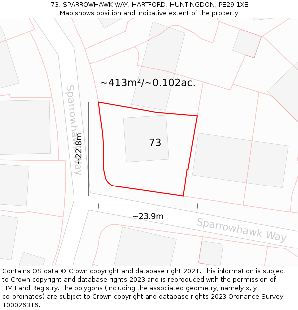 73, SPARROWHAWK WAY, HARTFORD, HUNTINGDON, PE29 1XE: Plot and title map