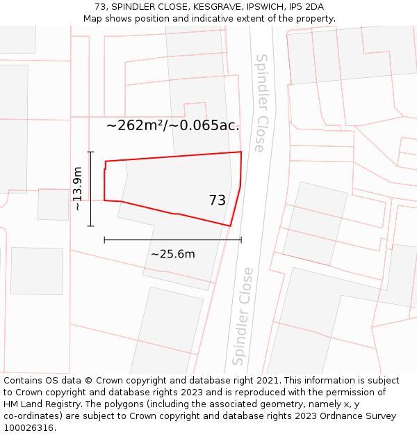 73, SPINDLER CLOSE, KESGRAVE, IPSWICH, IP5 2DA: Plot and title map
