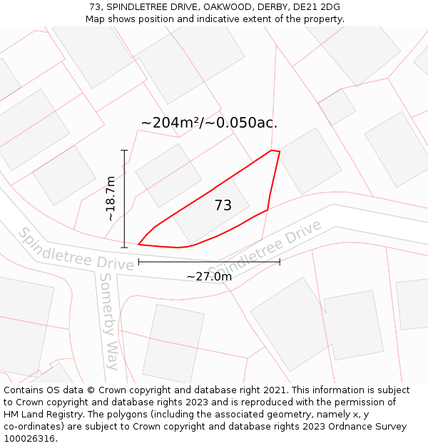 73, SPINDLETREE DRIVE, OAKWOOD, DERBY, DE21 2DG: Plot and title map