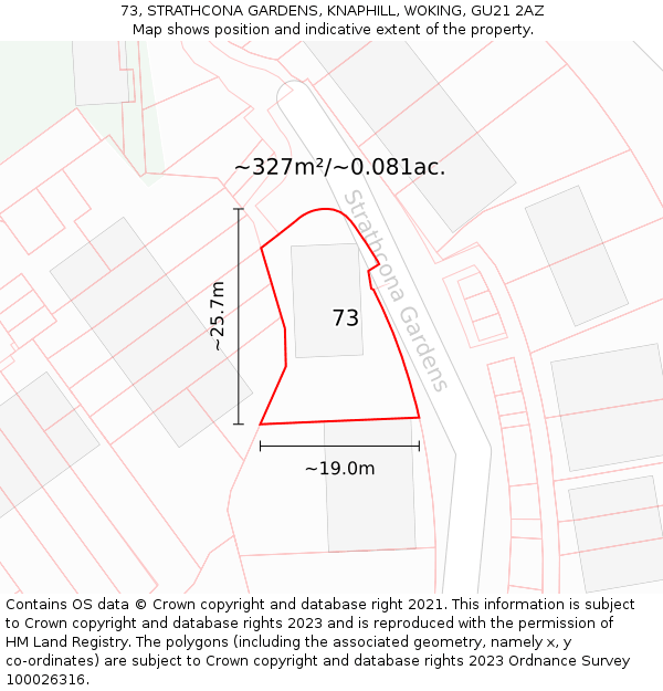 73, STRATHCONA GARDENS, KNAPHILL, WOKING, GU21 2AZ: Plot and title map