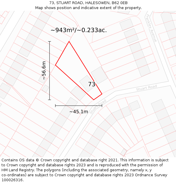73, STUART ROAD, HALESOWEN, B62 0EB: Plot and title map