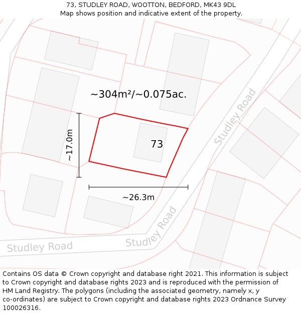 73, STUDLEY ROAD, WOOTTON, BEDFORD, MK43 9DL: Plot and title map