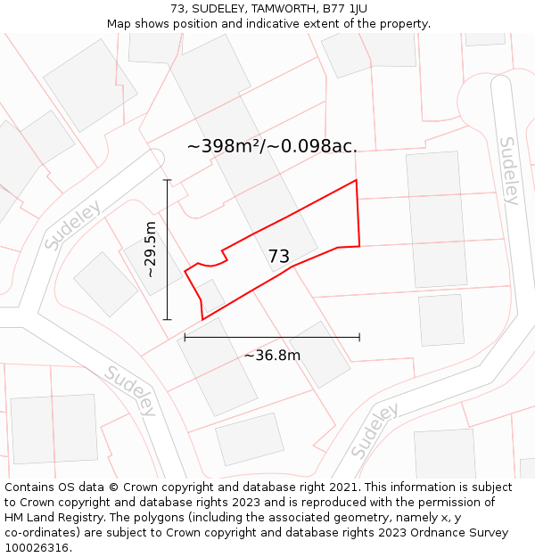 73, SUDELEY, TAMWORTH, B77 1JU: Plot and title map