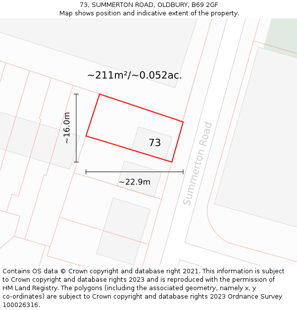 73, SUMMERTON ROAD, OLDBURY, B69 2GF: Plot and title map