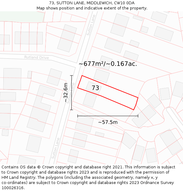73, SUTTON LANE, MIDDLEWICH, CW10 0DA: Plot and title map