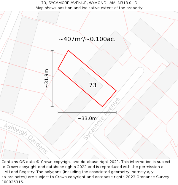73, SYCAMORE AVENUE, WYMONDHAM, NR18 0HD: Plot and title map