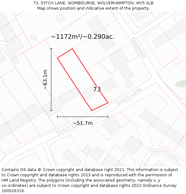 73, SYTCH LANE, WOMBOURNE, WOLVERHAMPTON, WV5 0LB: Plot and title map