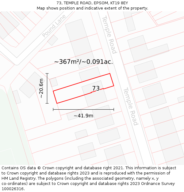 73, TEMPLE ROAD, EPSOM, KT19 8EY: Plot and title map