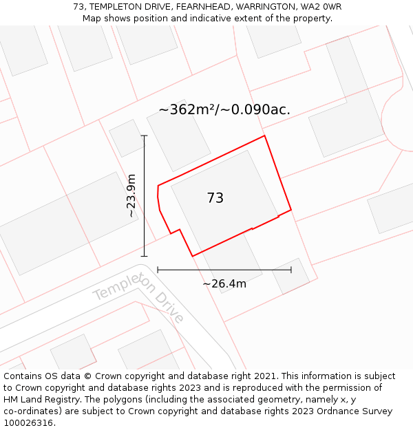 73, TEMPLETON DRIVE, FEARNHEAD, WARRINGTON, WA2 0WR: Plot and title map