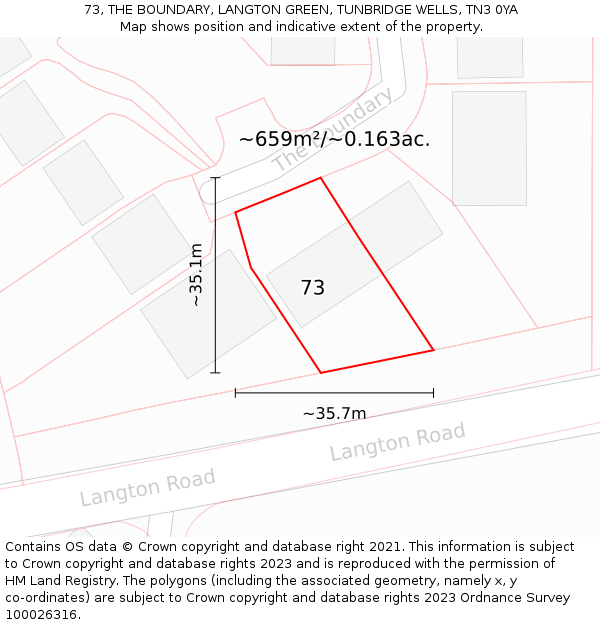 73, THE BOUNDARY, LANGTON GREEN, TUNBRIDGE WELLS, TN3 0YA: Plot and title map