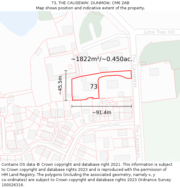 73, THE CAUSEWAY, DUNMOW, CM6 2AB: Plot and title map