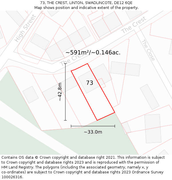 73, THE CREST, LINTON, SWADLINCOTE, DE12 6QE: Plot and title map