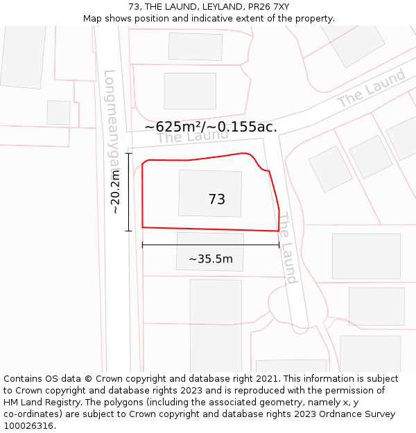 73, THE LAUND, LEYLAND, PR26 7XY: Plot and title map