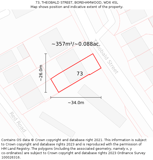 73, THEOBALD STREET, BOREHAMWOOD, WD6 4SL: Plot and title map