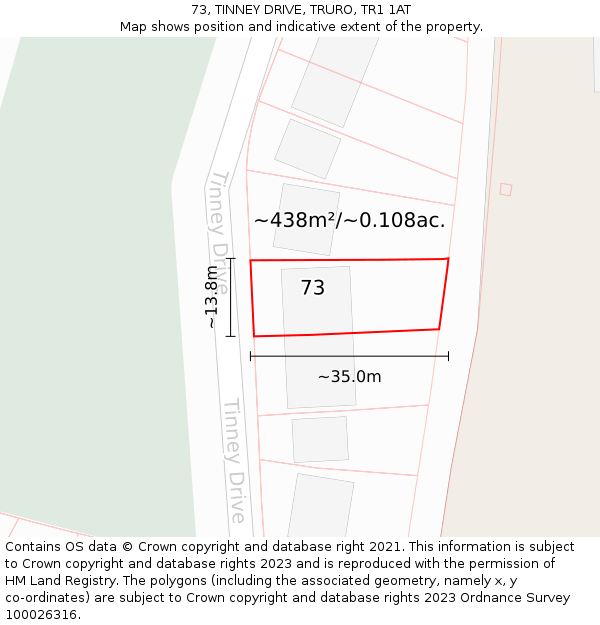 73, TINNEY DRIVE, TRURO, TR1 1AT: Plot and title map