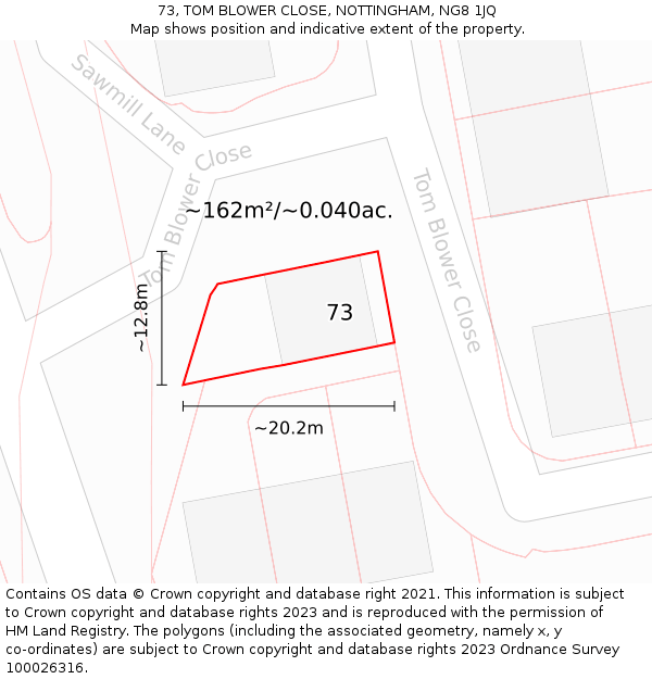73, TOM BLOWER CLOSE, NOTTINGHAM, NG8 1JQ: Plot and title map