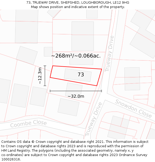 73, TRUEWAY DRIVE, SHEPSHED, LOUGHBOROUGH, LE12 9HG: Plot and title map