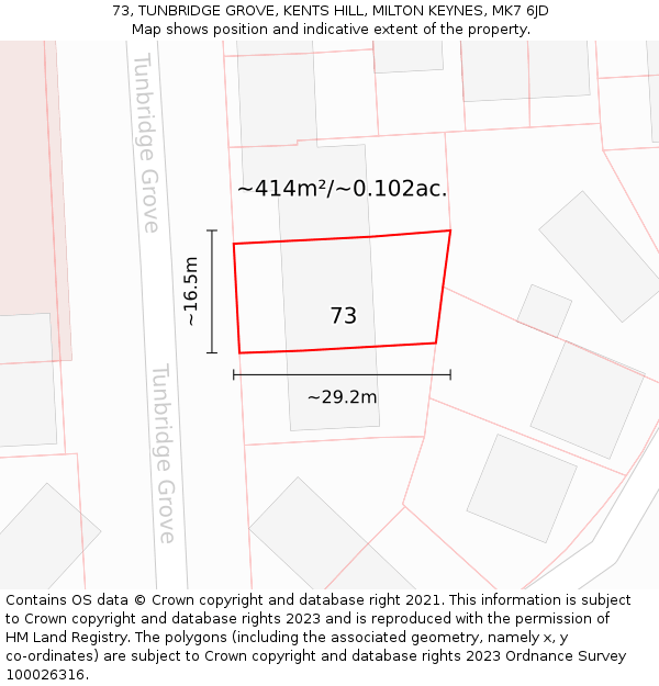 73, TUNBRIDGE GROVE, KENTS HILL, MILTON KEYNES, MK7 6JD: Plot and title map