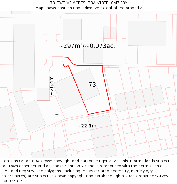 73, TWELVE ACRES, BRAINTREE, CM7 3RY: Plot and title map