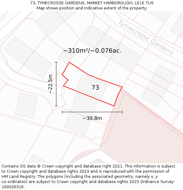 73, TYMECROSSE GARDENS, MARKET HARBOROUGH, LE16 7US: Plot and title map