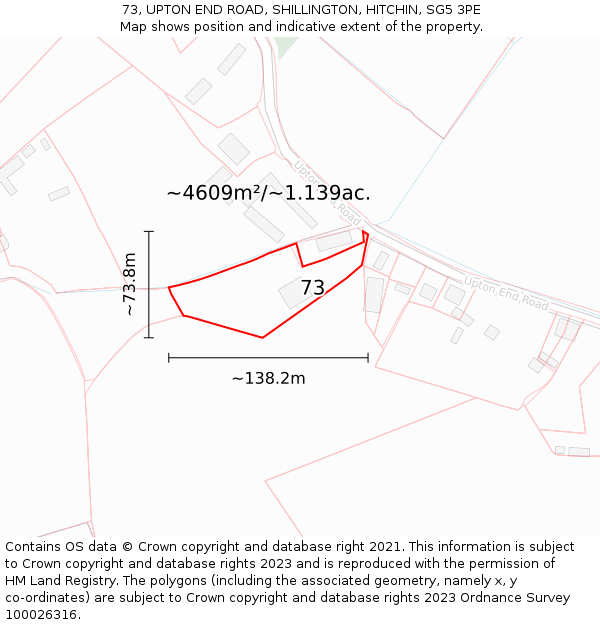73, UPTON END ROAD, SHILLINGTON, HITCHIN, SG5 3PE: Plot and title map