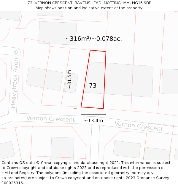 73, VERNON CRESCENT, RAVENSHEAD, NOTTINGHAM, NG15 9BP: Plot and title map