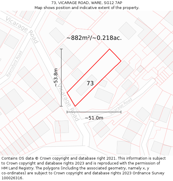 73, VICARAGE ROAD, WARE, SG12 7AP: Plot and title map