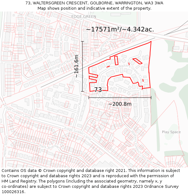73, WALTERSGREEN CRESCENT, GOLBORNE, WARRINGTON, WA3 3WA: Plot and title map