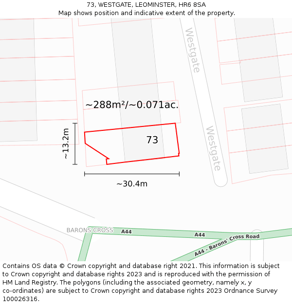 73, WESTGATE, LEOMINSTER, HR6 8SA: Plot and title map